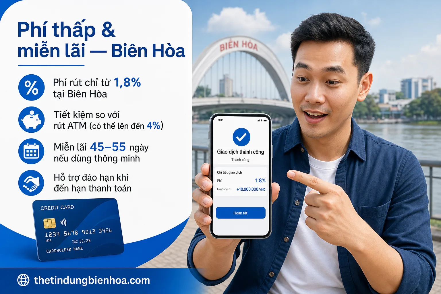 Khách hàng nhận tiền mặt từ thẻ tín dụng tại Biên Hòa