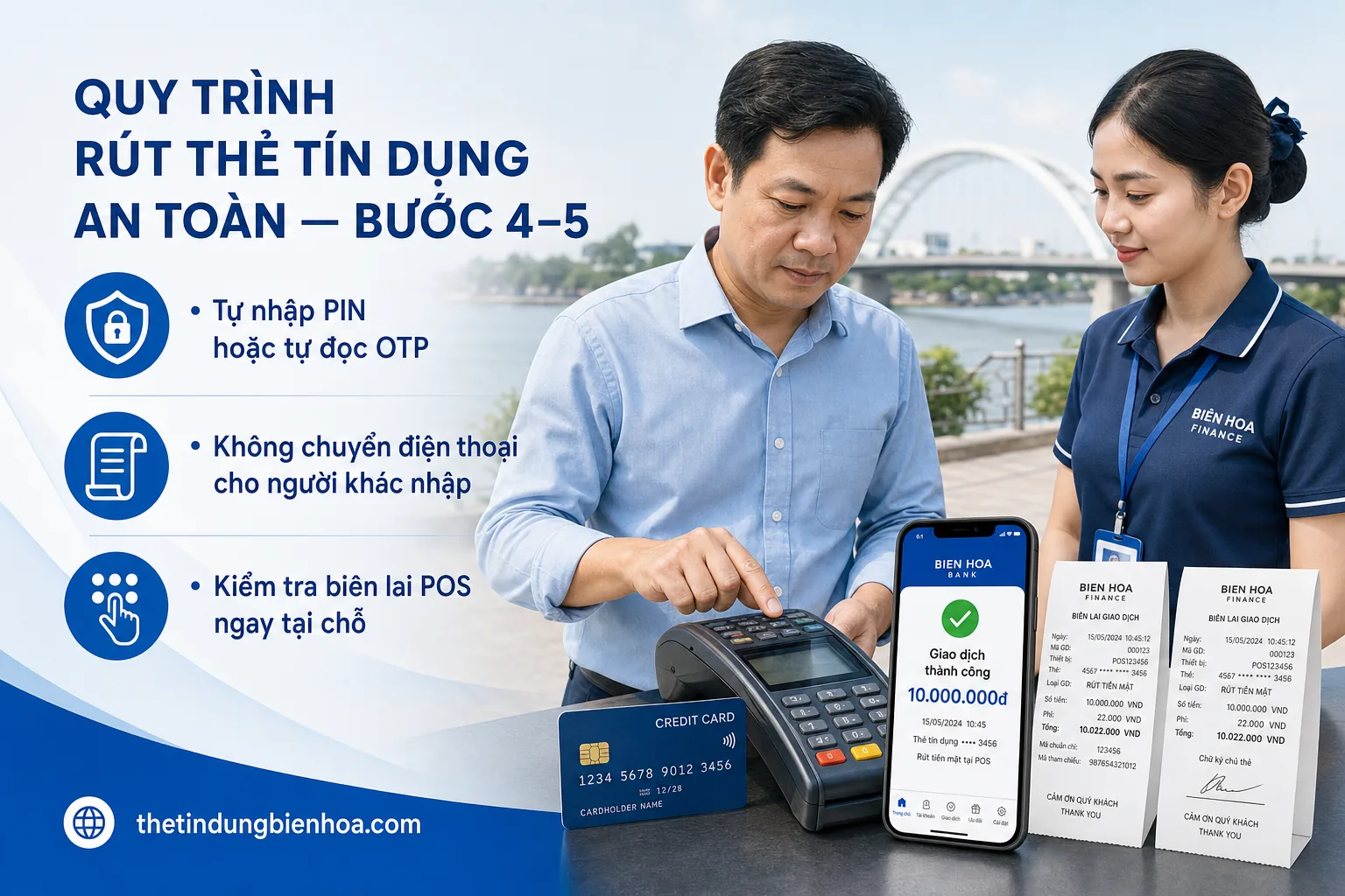 Nhân viên hướng dẫn khách ký hóa đơn POS khi rút thẻ tín dụng