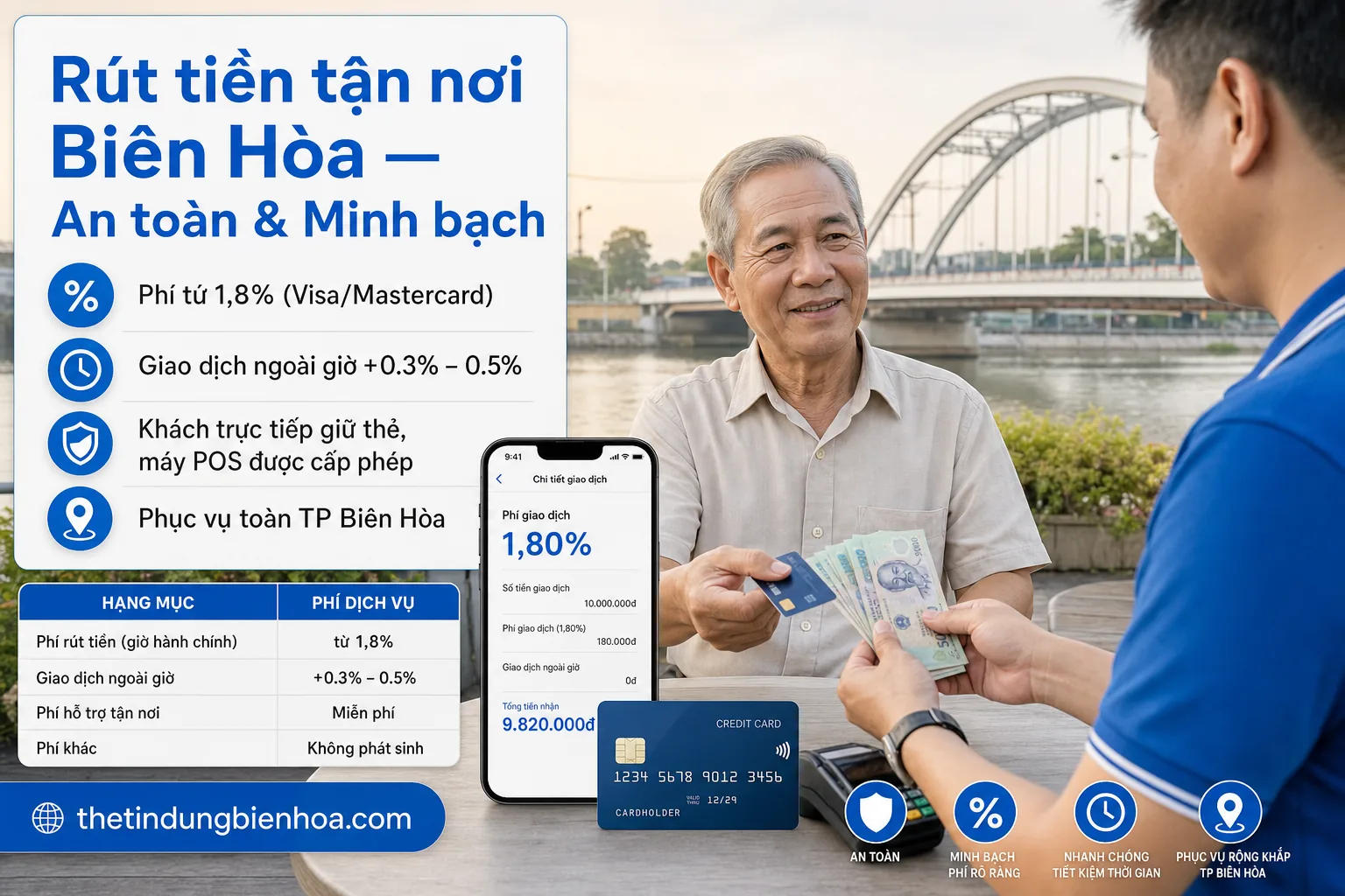 Trao tiền mặt và biên lai POS rút tiền tận nơi tại Biên Hòa