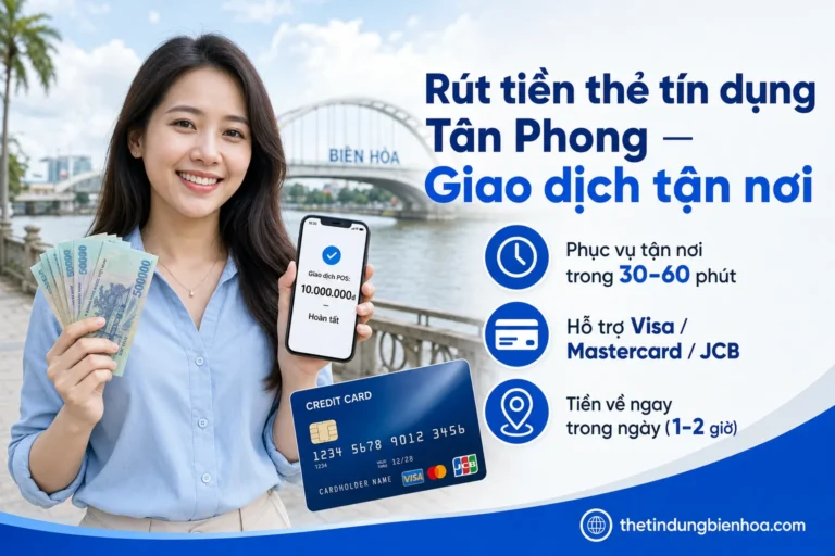 Nhân viên cà thẻ tín dụng Visa qua máy POS cho khách tại Tân Phong, Biên Hòa