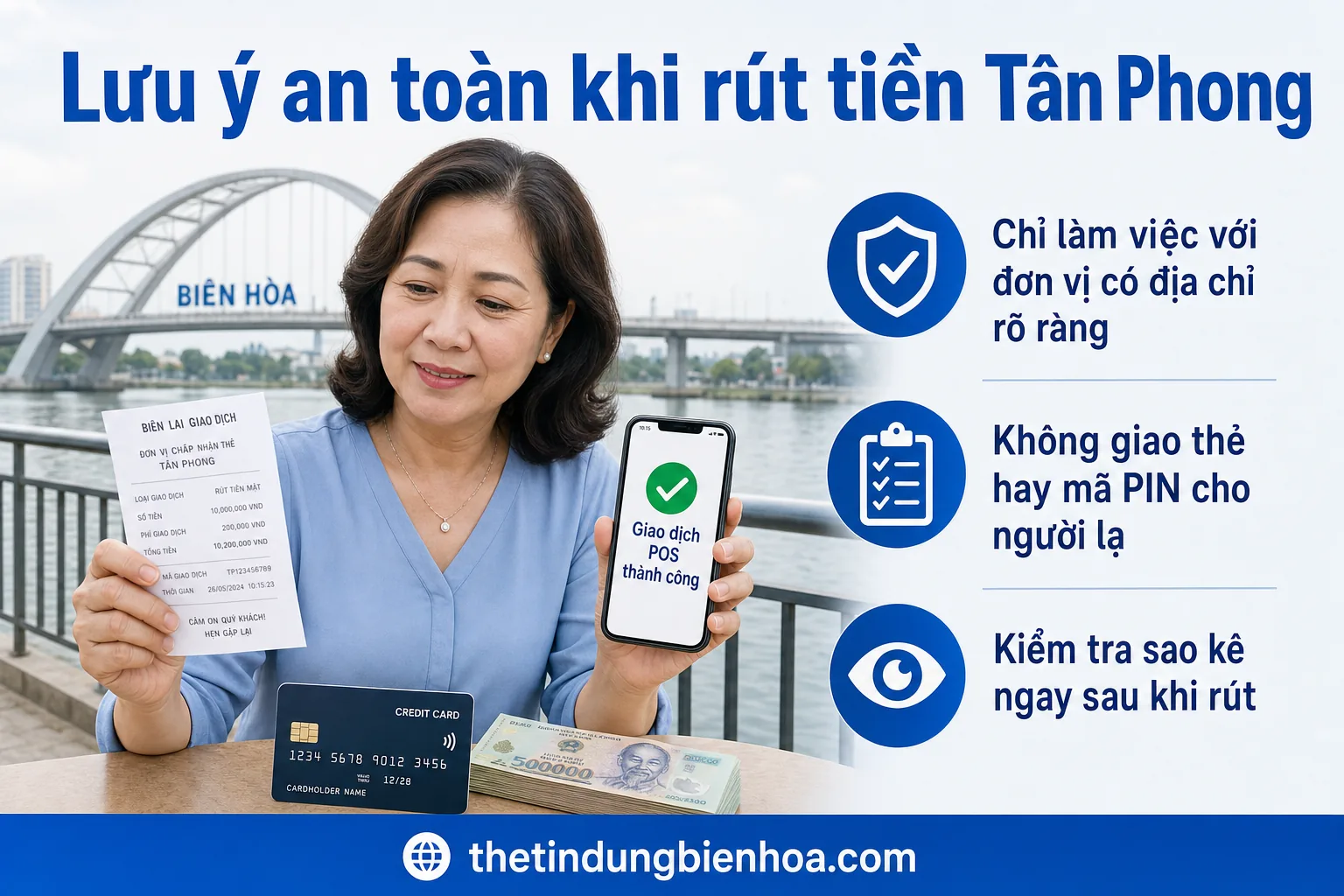 Trao tiền mặt và thẻ tín dụng khi rút tiền tận nơi tại Tân Phong Biên Hòa