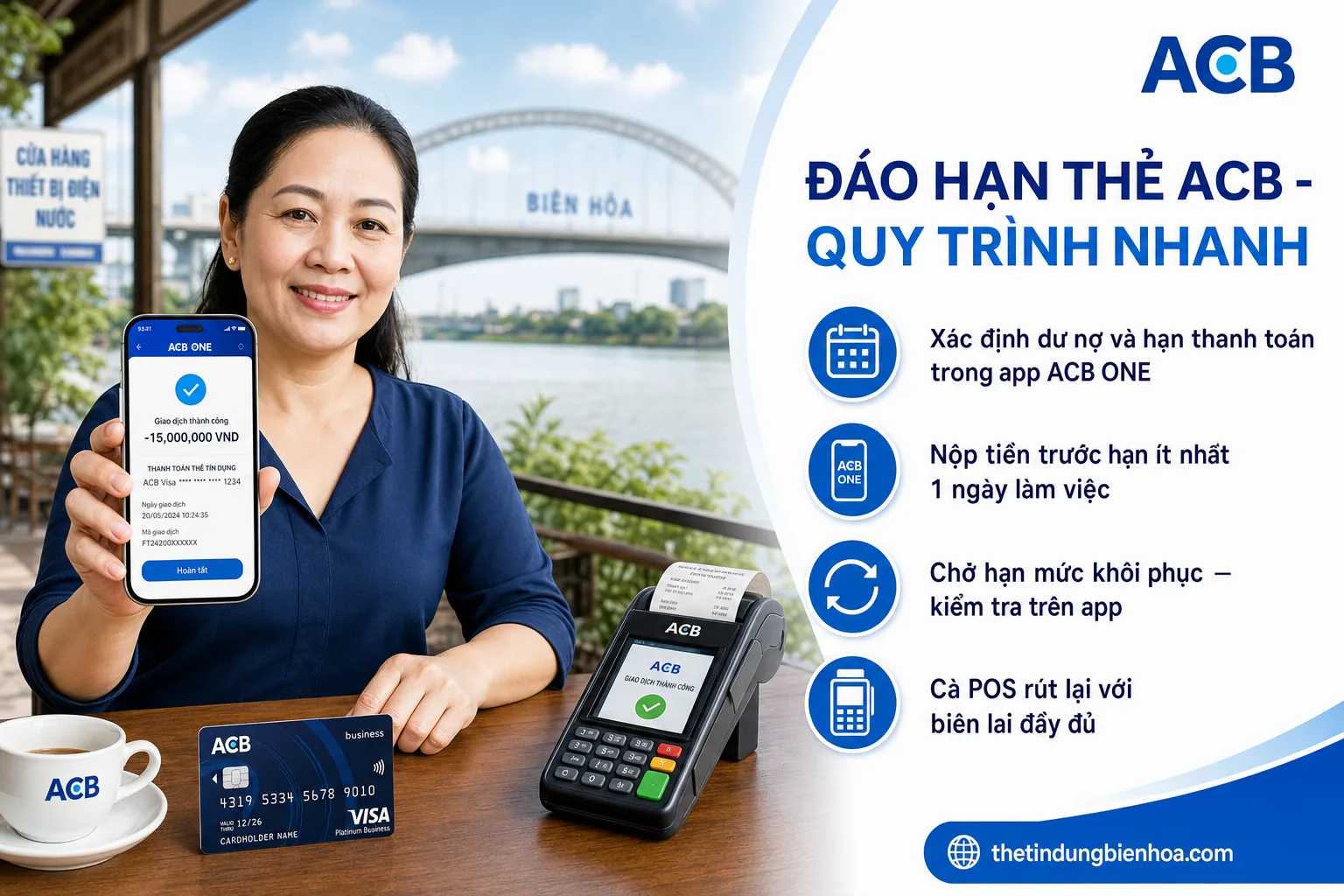 Đáo hạn thẻ tín dụng ACB tại Biên Hòa phí 1,8%