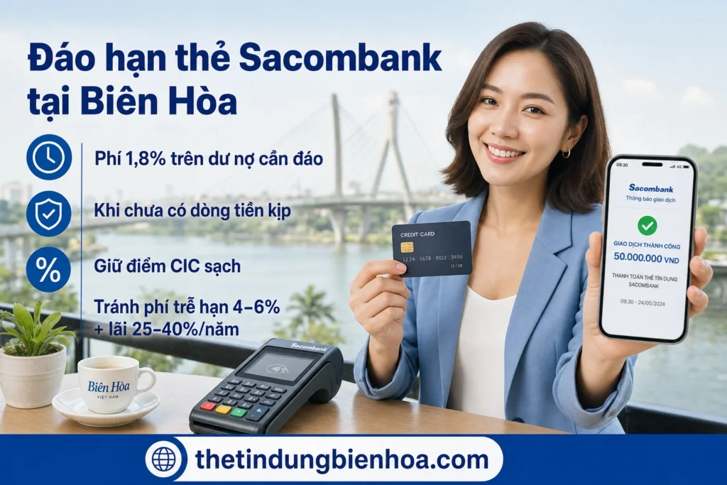 Đáo hạn thẻ tín dụng Sacombank tại Biên Hòa phí 1,8%