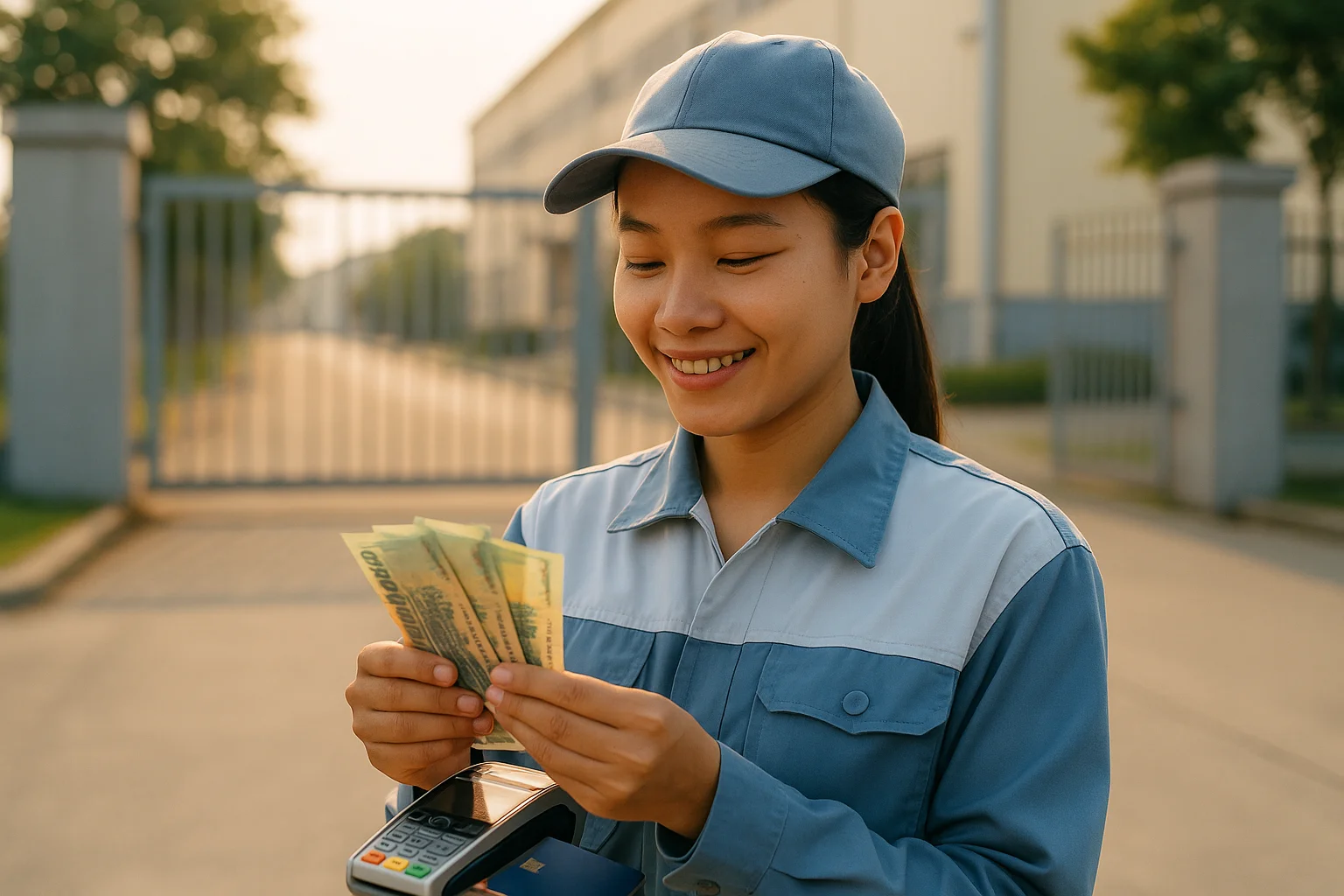 Công nhân khu công nghiệp nhận tiền mặt sau khi rút thẻ tín dụng